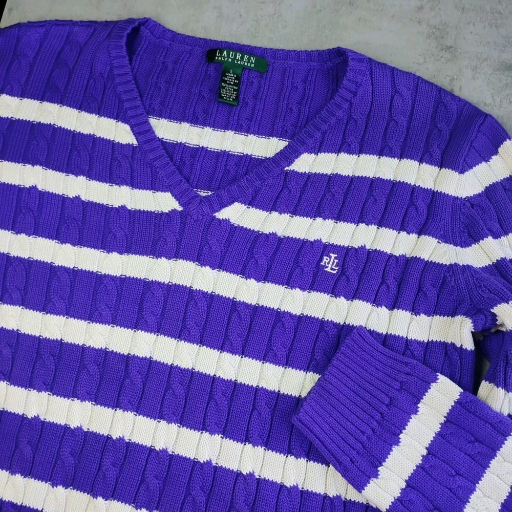 Lauren Ralph‎ Lauren Cable Knit Sweater Womens Large Purple White Stripe Preppy